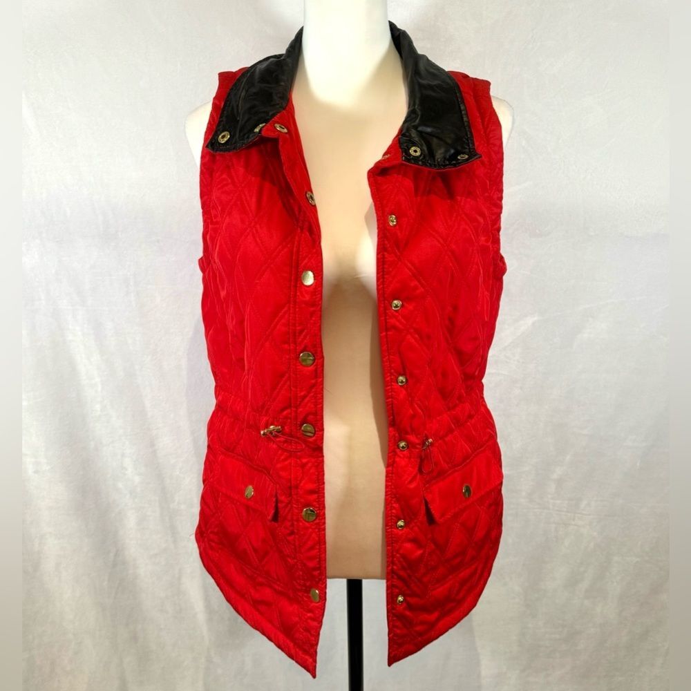 Kim Rogers red quilted puffer vest with faux leather collar size small
